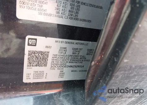 2022 Chevrolet Silverado 1500 4Wd Short Bed Ltz из США, поврежденный, VIN 1GCUDGED4NZ529514